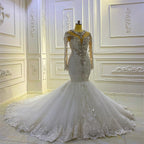Vestido de novia sirena vintage de manga larga con apliques de encaje, cuentas y lentejuelas