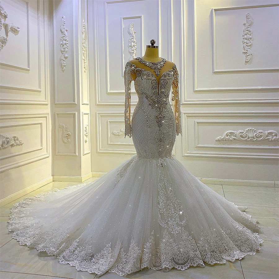 Vestido de novia sirena vintage de manga larga con apliques de encaje, cuentas y lentejuelas