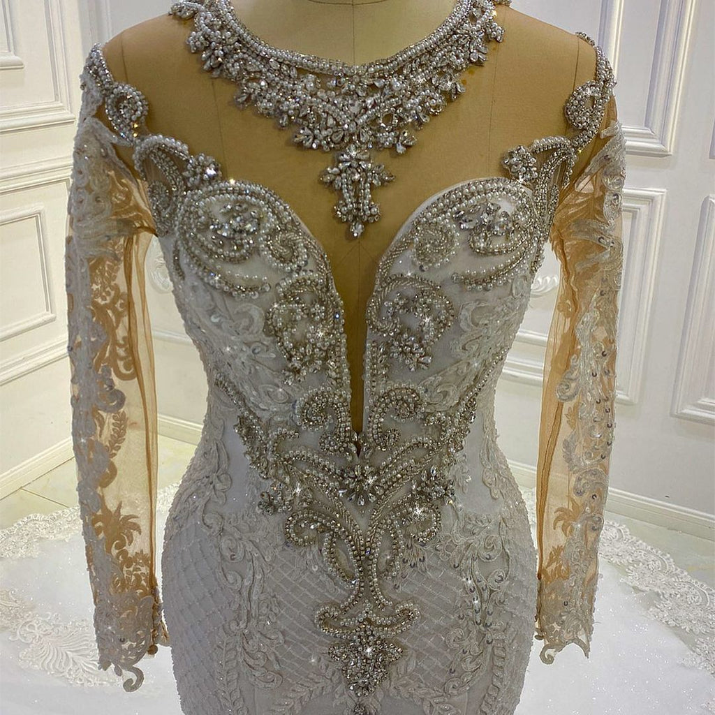 Vestido de novia sirena vintage de manga larga con apliques de encaje, cuentas y lentejuelas