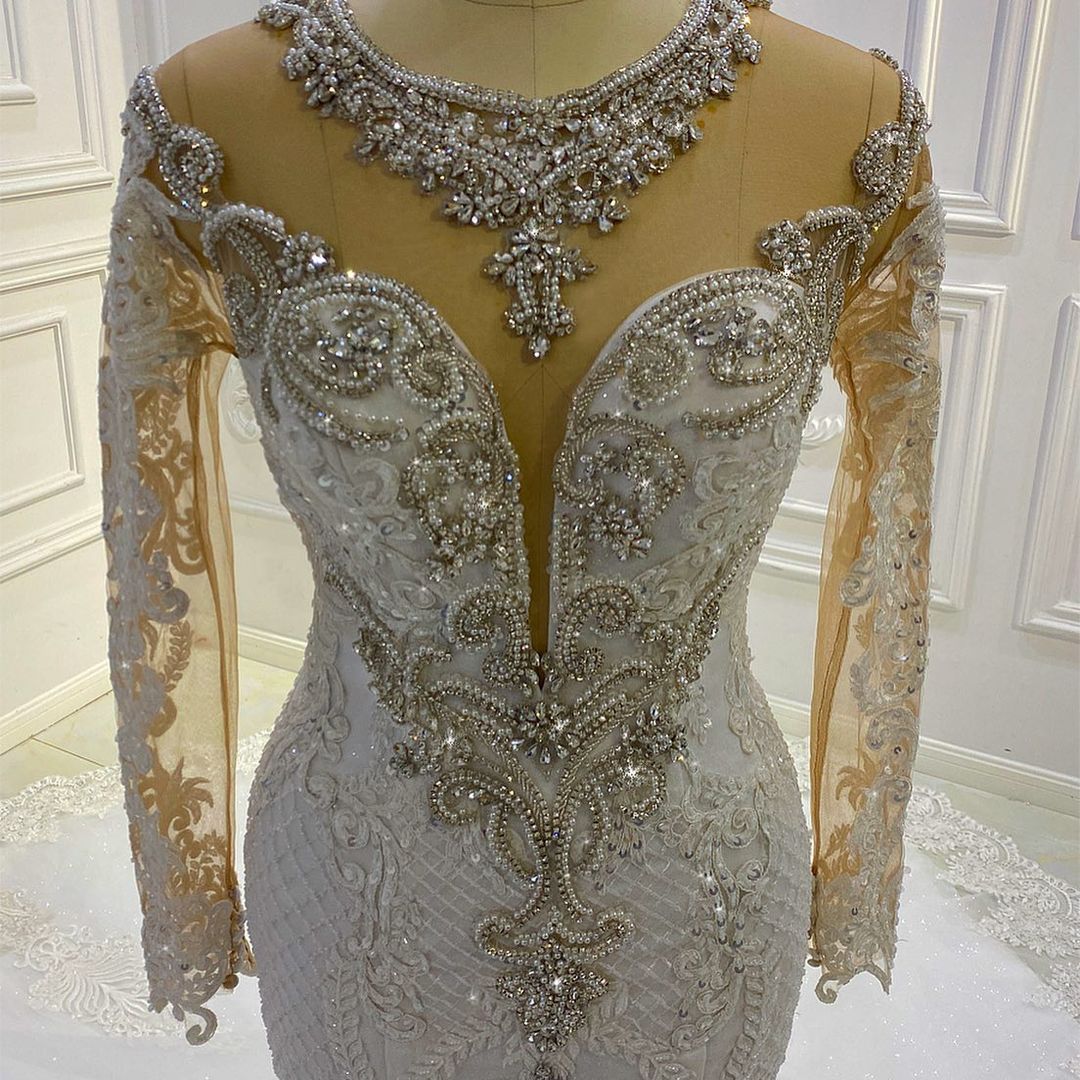 Vestido de novia sirena vintage de manga larga con apliques de encaje, cuentas y lentejuelas