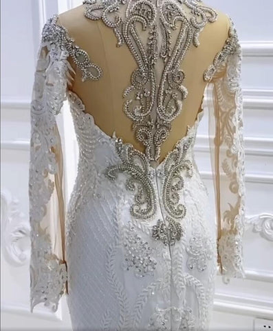 Vestido de novia sirena vintage de manga larga con apliques de encaje, cuentas y lentejuelas