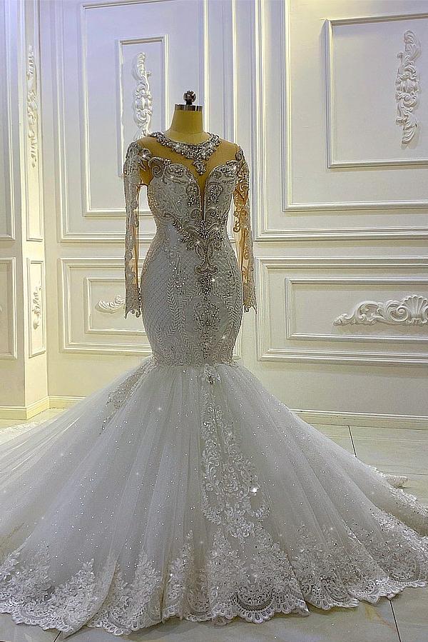 Vestido de novia sirena vintage de manga larga con apliques de encaje, cuentas y lentejuelas