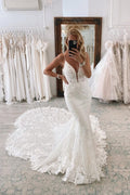 Robes de mariée sirène vintage longues blanches à col en V en dentelle