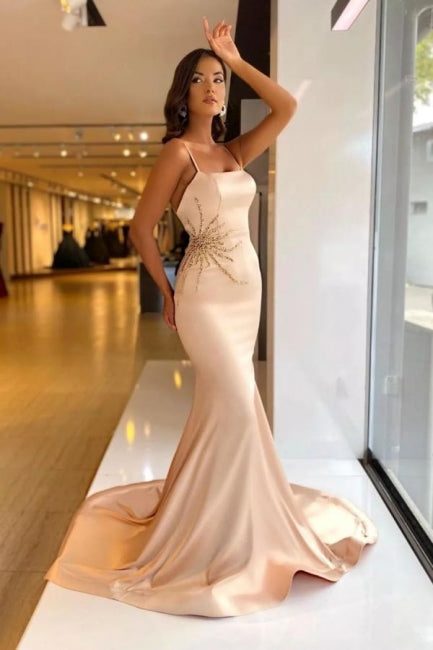 Robe de bal sirène vintage en satin à bretelles spaghetti sans manches