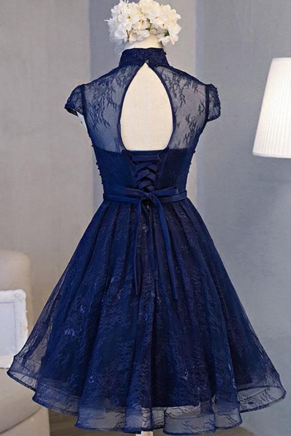 Robe de soirée vintage bleu marine à manches courtes PD281