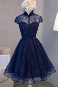 Robe de soirée vintage bleu marine à manches courtes PD281
