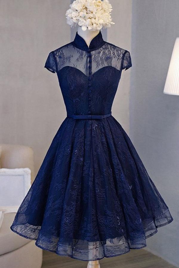 Robe de soirée vintage bleu marine à manches courtes PD281