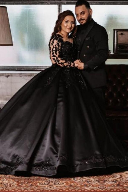 Robes de mariée noires vintage de princesse avec manches