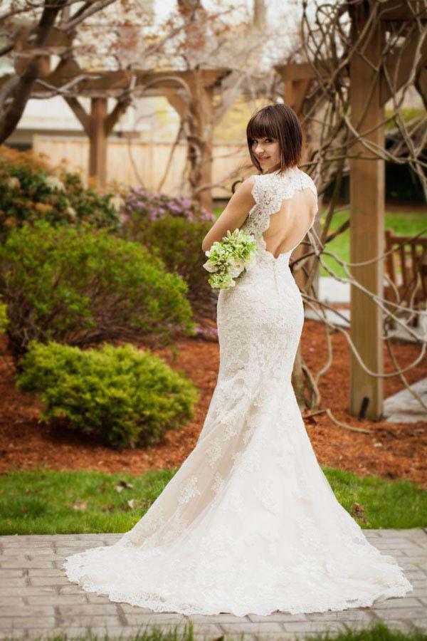 Vestido de novia largo de invierno estilo sirena con encaje y escote tipo ojo de cerradura, estilo vintage, modelo WD152 