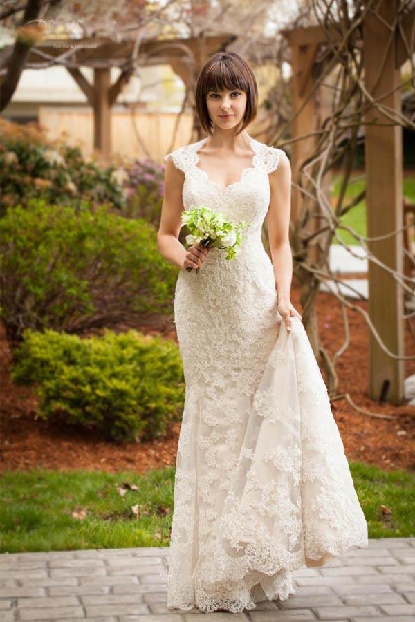 Vestido de novia largo de invierno estilo sirena con encaje y escote tipo ojo de cerradura, estilo vintage, modelo WD152 