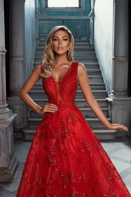 Vestidos de fiesta vintage rojos de tul, sin mangas, con escote en V, corte en A y apliques.