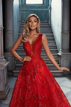 Vestidos de fiesta vintage rojos de tul, sin mangas, con escote en V, corte en A y apliques.