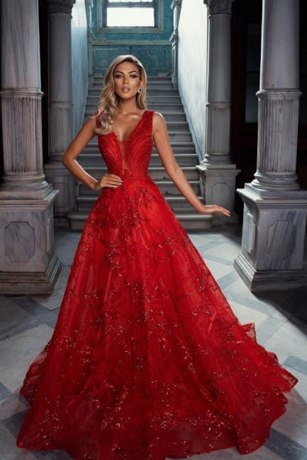 Vestidos de fiesta vintage rojos de tul, sin mangas, con escote en V, corte en A y apliques.