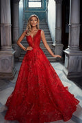Vestidos de fiesta vintage rojos de tul, sin mangas, con escote en V, corte en A y apliques.