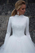 Vintage Satin High Collar Natural Waistline Ball Gown Wedding Dress WD190