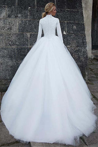 Robe de mariée de bal vintage en satin, col montant, taille naturelle, WD190
