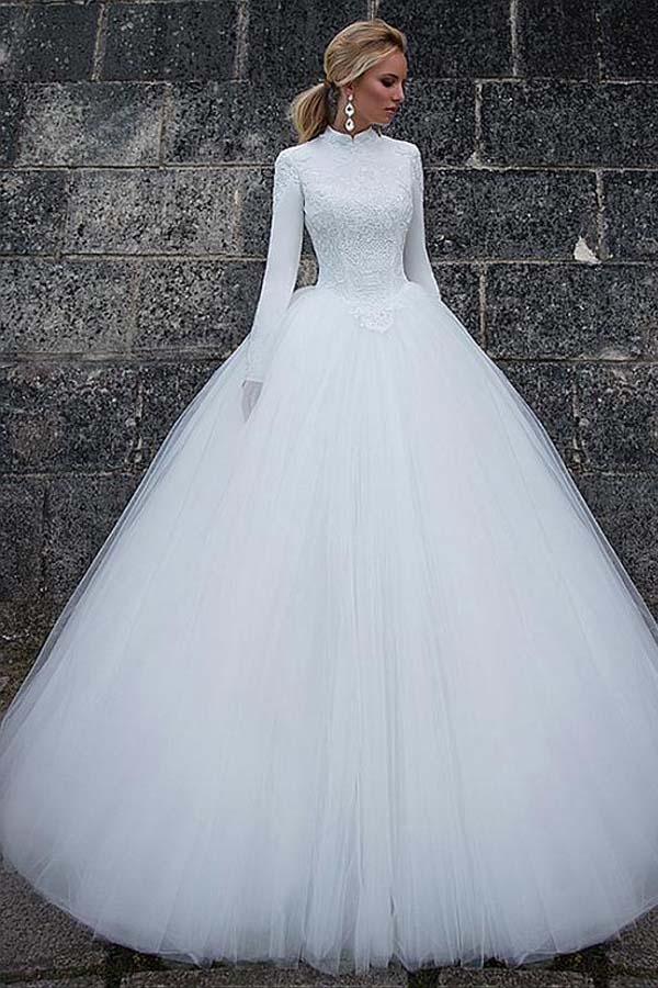Robe de mariée de bal vintage en satin, col montant, taille naturelle, WD190