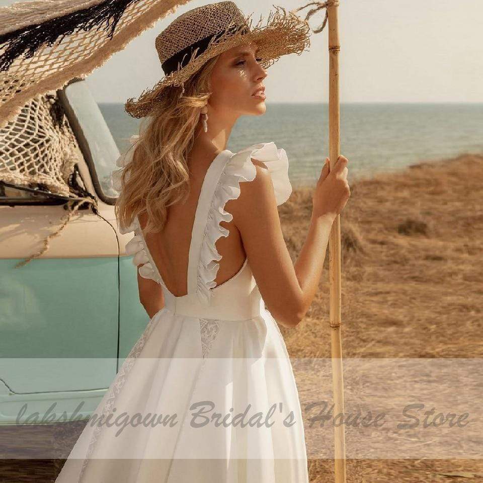 Baoleely Vintage Satin Wedding Dress Tea Length Summer Beach
