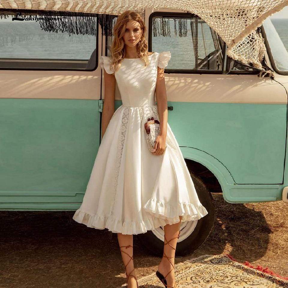 Baoleely Vintage Satin Wedding Dress Tea Length Summer Beach
