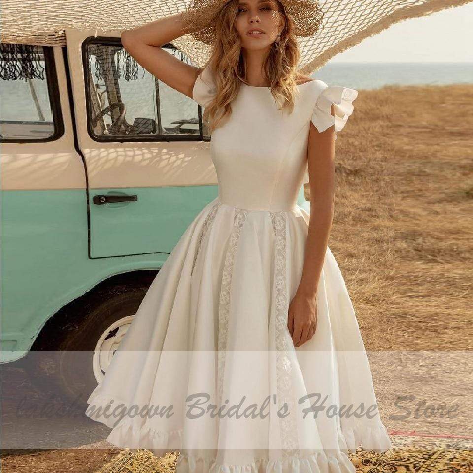 Baoleely Vintage Satin Wedding Dress Tea Length Summer Beach