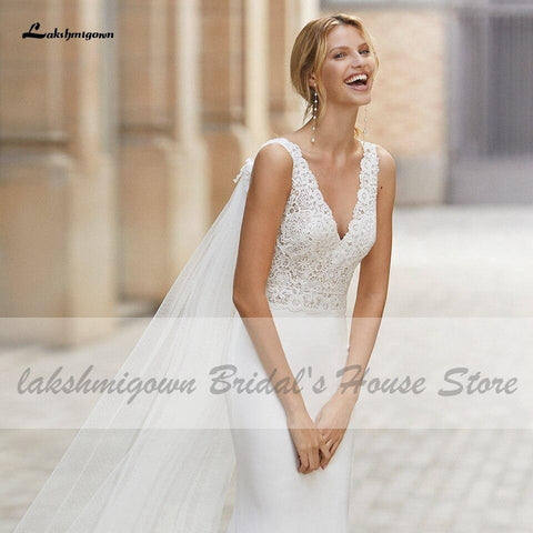 Baoleely Vintage Satin Wedding Dress with Wings Boho Style V-neck