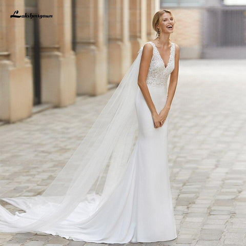 Baoleely Vintage Satin Wedding Dress with Wings Boho Style V-neck