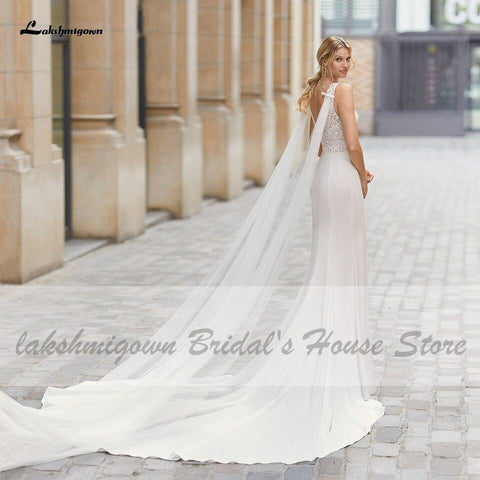 Baoleely Vintage Satin Wedding Dress with Wings Boho Style V-neck