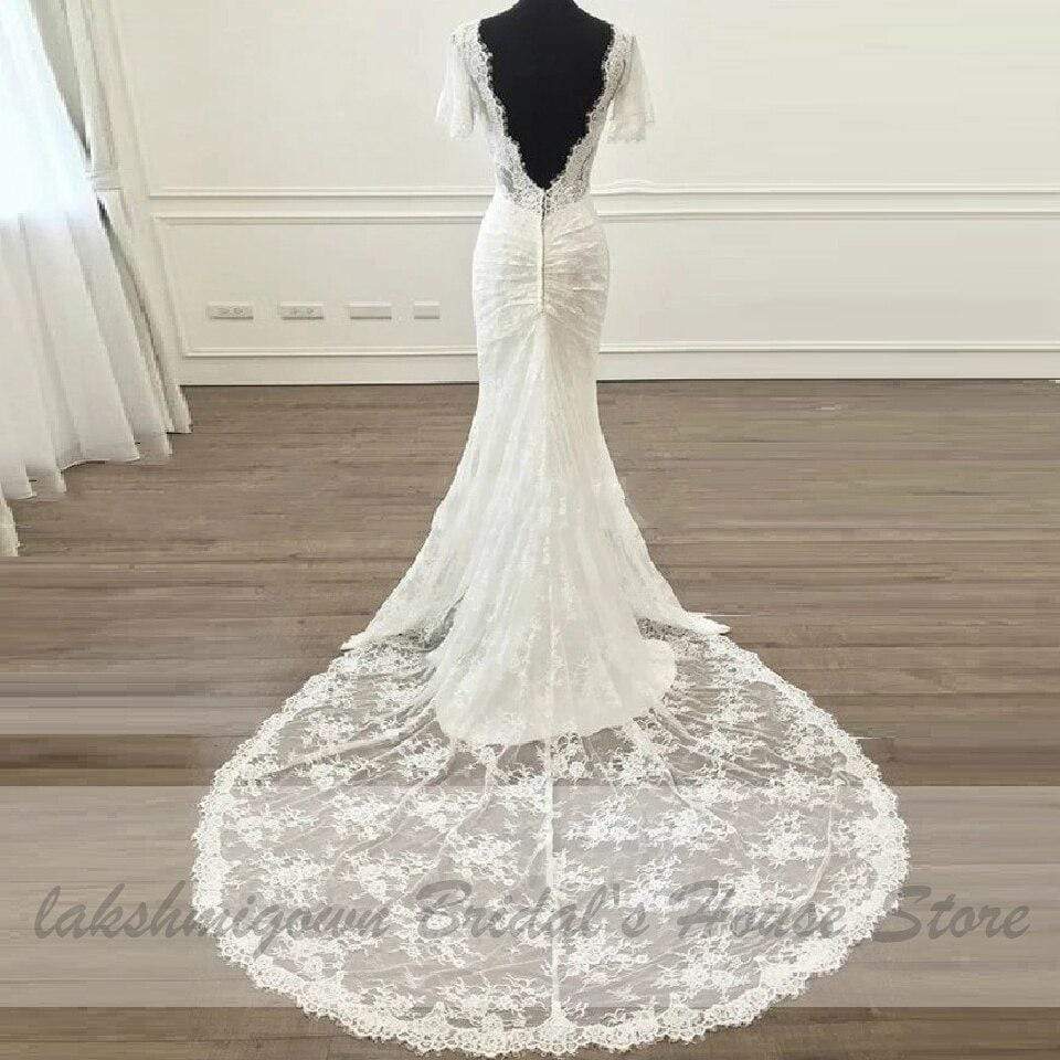 Baoleely Vintage Short Sleeves Lace Wedding Dress Mermaid Style