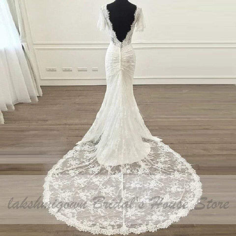 Robe de mariée vintage en dentelle à manches courtes style sirène Baoleely