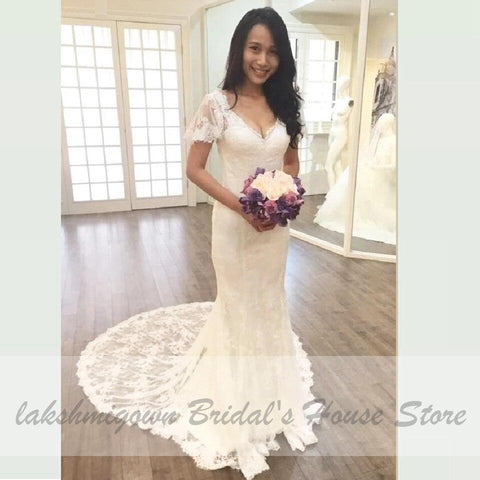 Robe de mariée vintage en dentelle à manches courtes style sirène Baoleely