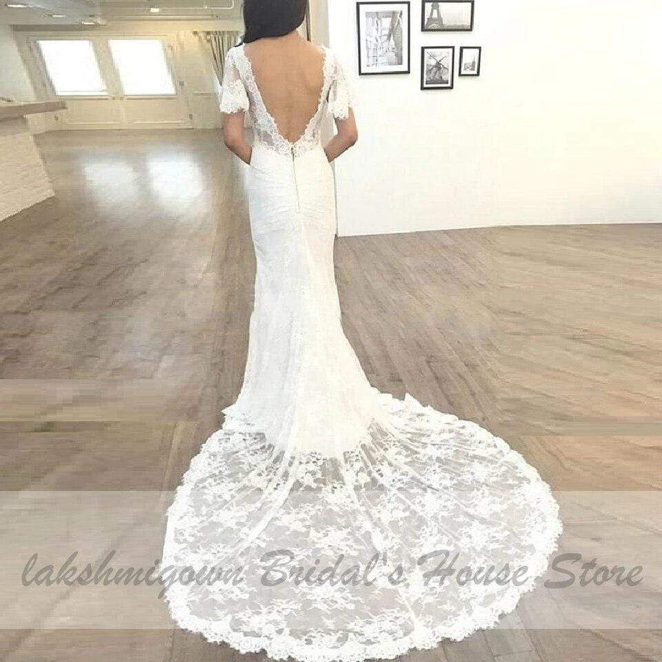 Baoleely Vintage Short Sleeves Lace Wedding Dress Mermaid Style