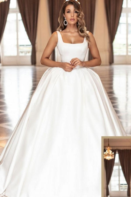 Robes de mariée vintage simples princesse en satin blanc, coupe trapèze, sans manches