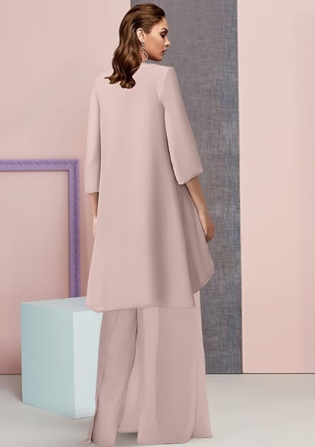 Vestido de mamá vintage de dos piezas, de gasa, con mangas tres cuartos y corte cuadrado.
