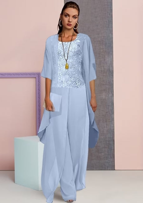 Vestido de mamá vintage de dos piezas, de gasa, con mangas tres cuartos y corte cuadrado.