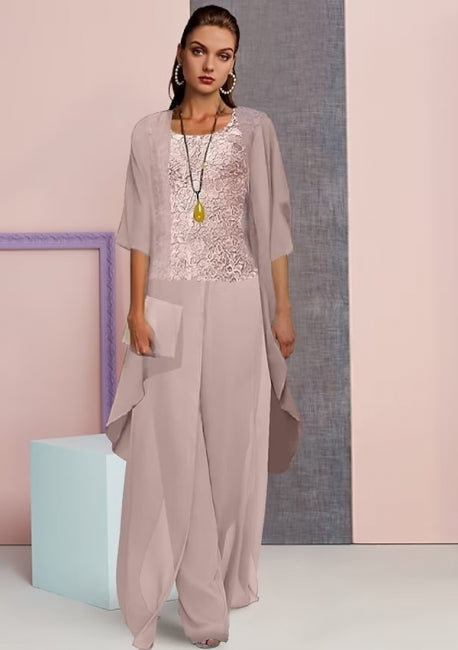 Vestido de mamá vintage de dos piezas, de gasa, con mangas tres cuartos y corte cuadrado.