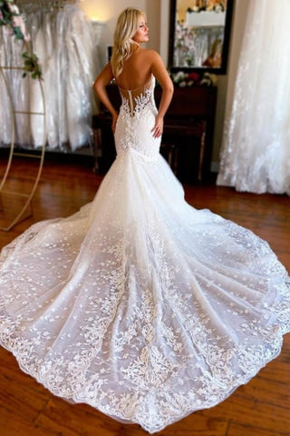 Vestido de novia vintage de sirena sin mangas con encaje y escote corazón