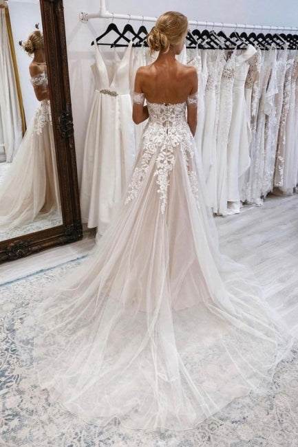 Vestido de novia vintage de encaje, corte en A, escote corazón y mangas cortas con hombros descubiertos