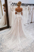 Vestido de novia vintage de encaje, corte en A, escote corazón y mangas cortas con hombros descubiertos