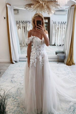 Vestido de novia vintage de encaje, corte en A, escote corazón y mangas cortas con hombros descubiertos