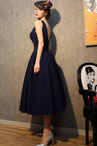 Robe de soirée vintage bleu marine satinée à col en V PG183