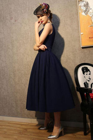 Robe de soirée vintage bleu marine satinée à col en V PG183