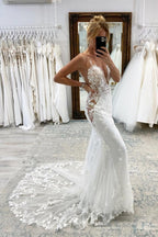 Robes de mariée vintage blanches longues sirène en dentelle à col en V