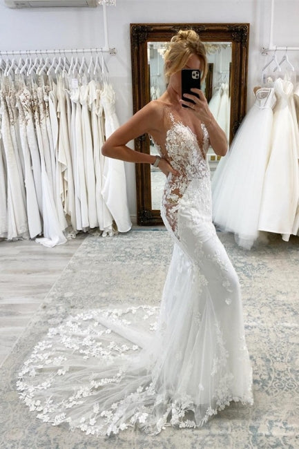Robes de mariée vintage blanches longues sirène en dentelle à col en V