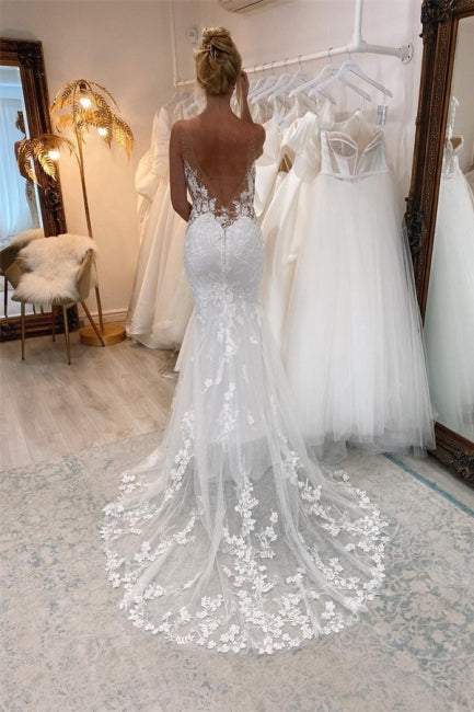 Robes de mariée vintage blanches longues sirène en dentelle à col en V