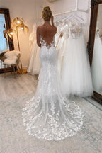 Robes de mariée vintage blanches longues sirène en dentelle à col en V