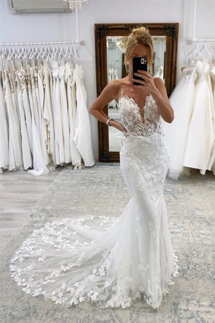 Robes de mariée vintage blanches longues sirène en dentelle à col en V