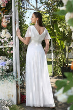 Vintage white V-Neck Short-Sleeves A-Line Floor-Length Tulle Prom Dresses