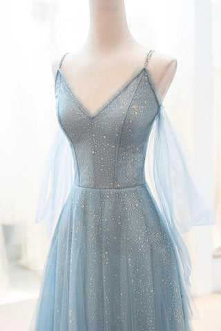 Sparkly Tulle Long Prom Dress, A-Line Spaghetti Strap Evening Dress