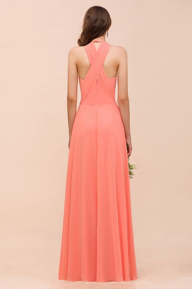 Robe longue de demoiselle d'honneur colorée à motif pastèque, col en V, longueur au sol.