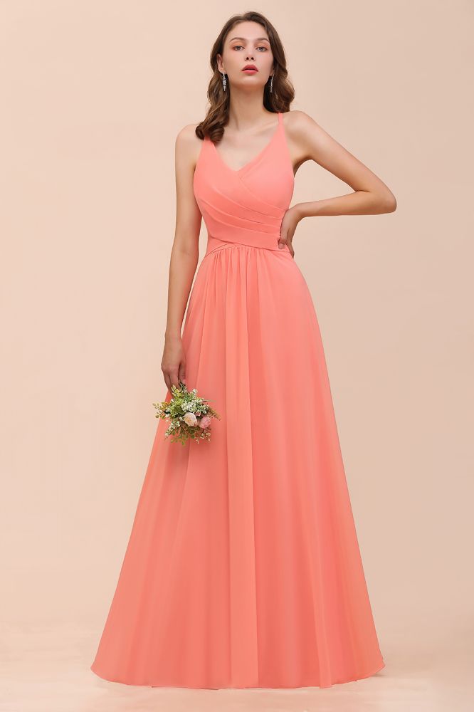 Robe longue de demoiselle d'honneur colorée à motif pastèque, col en V, longueur au sol.